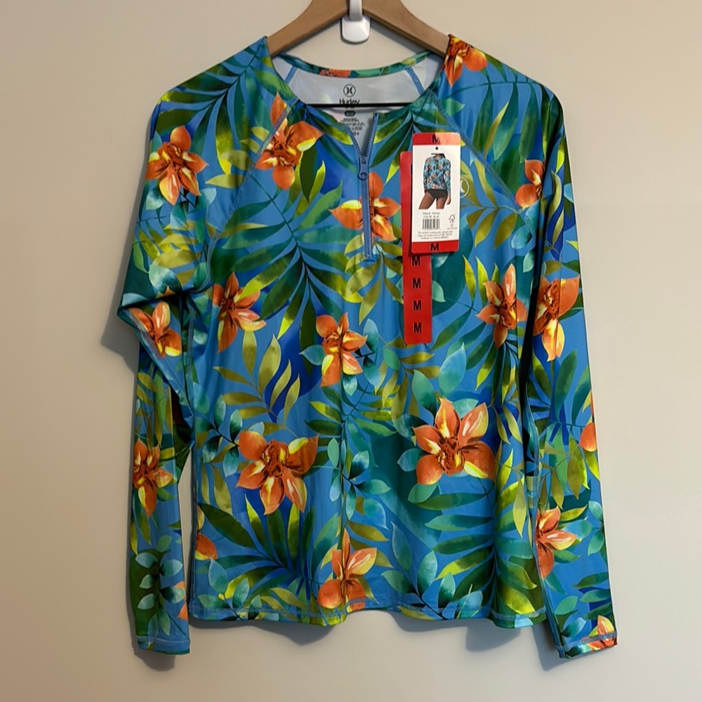 Hurley Women's Blue Floral Swim Top Rash Guard
